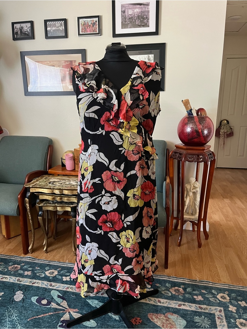Alfani Black Maxi Dress with Red, Pink & Yellow Floral Print